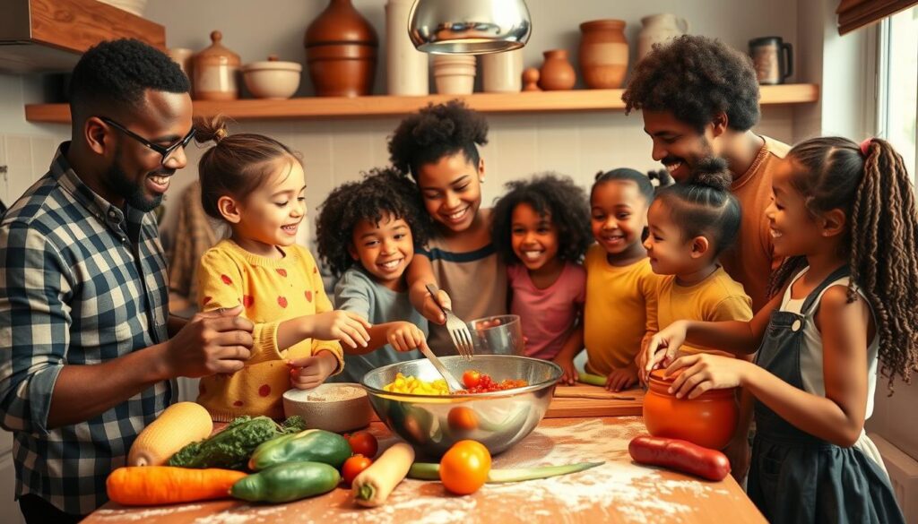 Family cooking with kids