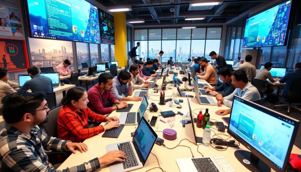 A bustling co-working space in Pakistan filled with diverse tech professionals collaborating on innovative projects, modern gadgets and laptops scattered around, vibrant atmosphere with large screens displaying coding and digital designs, bright decor highlighting Pakistani culture, large windows showing a city skyline.