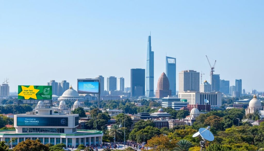 A vibrant city skyline of Islamabad with modern tech hubs, digital billboards promoting innovation, government buildings in the foreground with green spaces, diverse groups of people collaborating on technology projects, a representation of digital infrastructure such as fiber optics and satellite dishes, all under a clear blue sky.