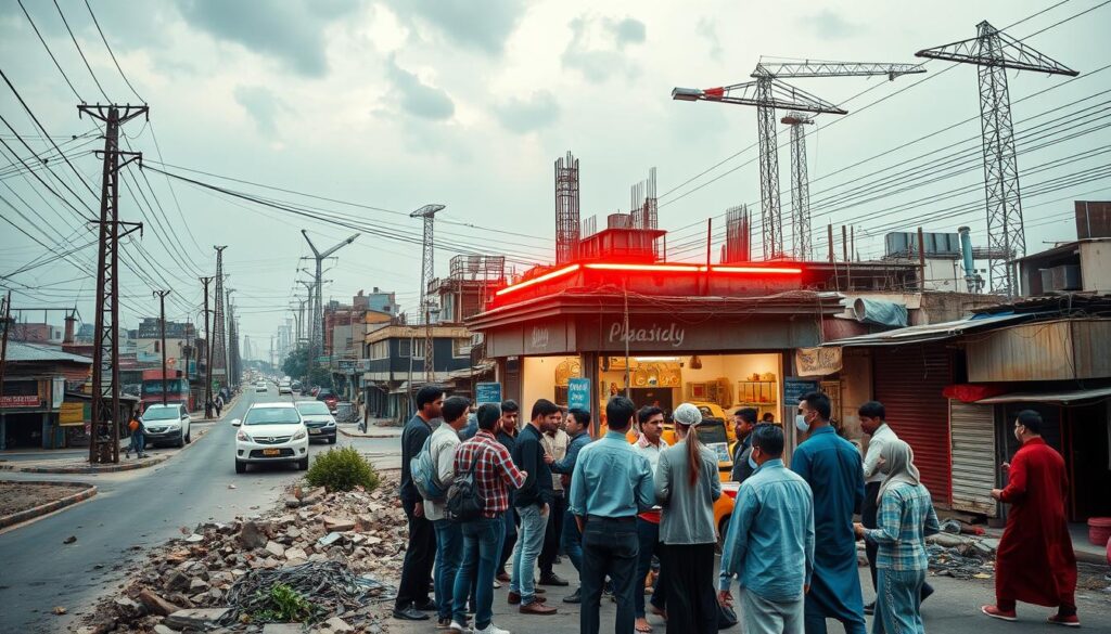 A bustling urban landscape in Pakistan showcasing technology development, with contrasting elements of modern tech startups and outdated infrastructure, such as crumbling roads and limited internet access points, a group of diverse tech professionals collaborating under a neon-lit tech hub, surrounded by power lines and construction sites, symbolizing the ongoing struggle between innovation and infrastructural challenges.